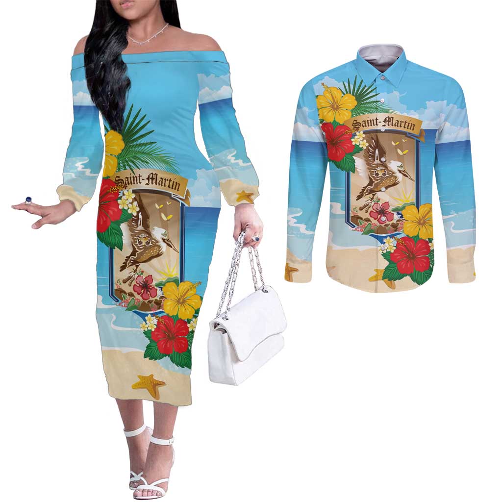 Personalized Collectivity of Saint Martin Couples Matching Off The Shoulder Long Sleeve Dress and Long Sleeve Button Shirt Hibiscus Flowers Tropical Beach - Wonder Print Shop
