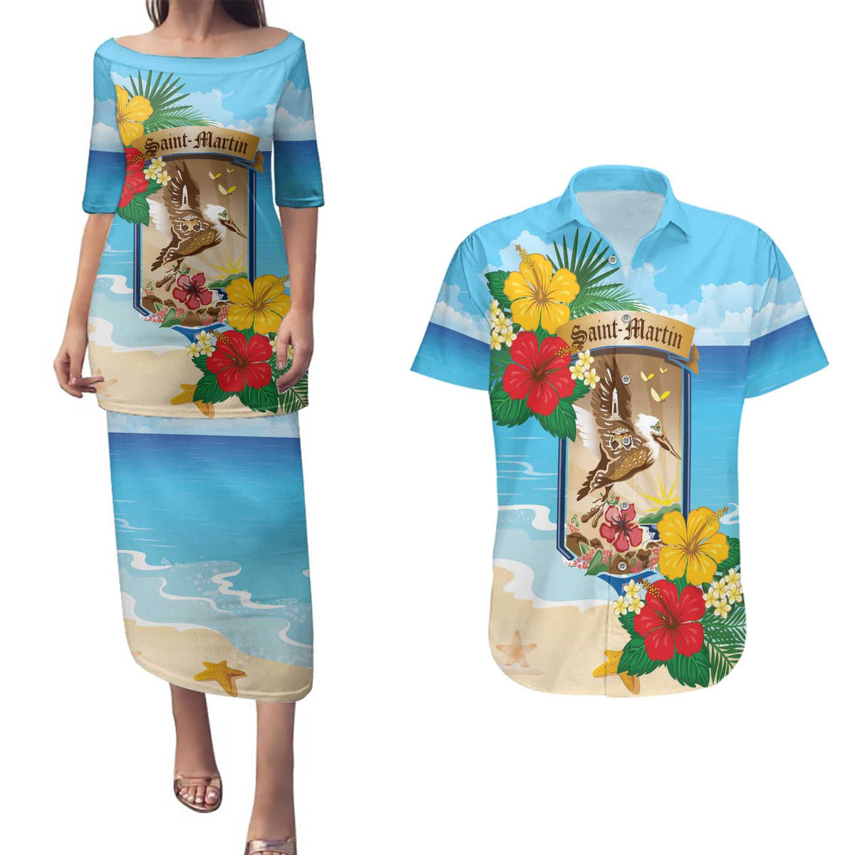 Personalized Collectivity of Saint Martin Couples Matching Puletasi and Hawaiian Shirt Hibiscus Flowers Tropical Beach - Wonder Print Shop