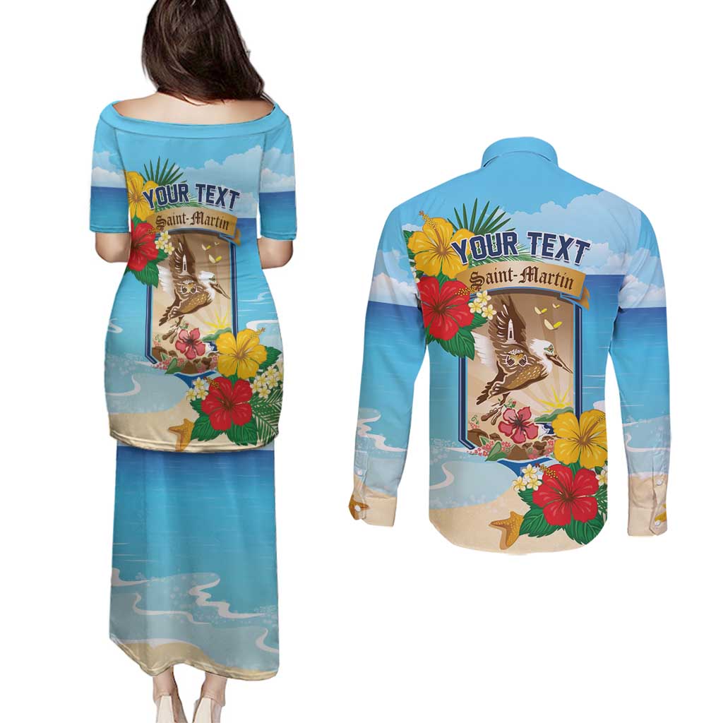 Personalized Collectivity of Saint Martin Couples Matching Puletasi and Long Sleeve Button Shirt Hibiscus Flowers Tropical Beach - Wonder Print Shop