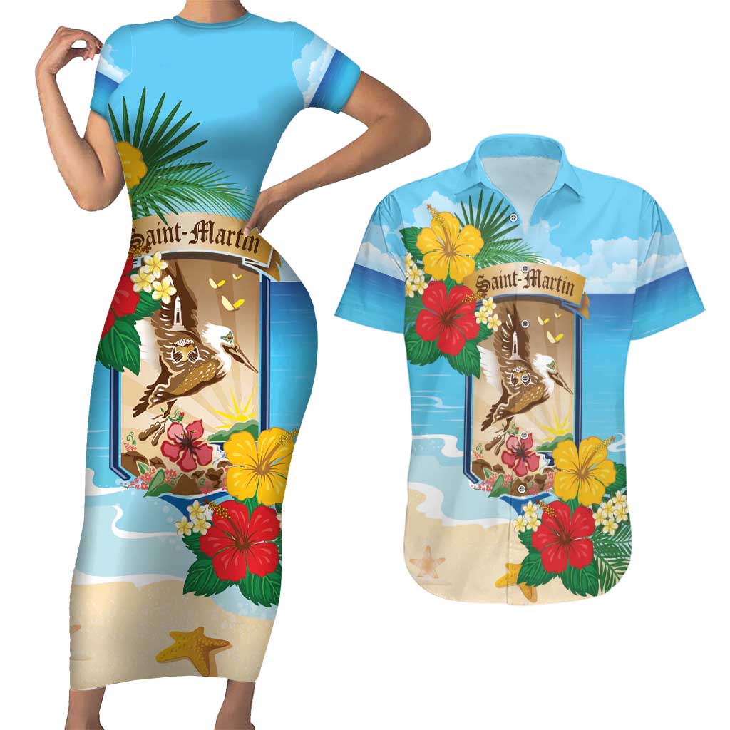 Personalized Collectivity of Saint Martin Couples Matching Short Sleeve Bodycon Dress and Hawaiian Shirt Hibiscus Flowers Tropical Beach - Wonder Print Shop