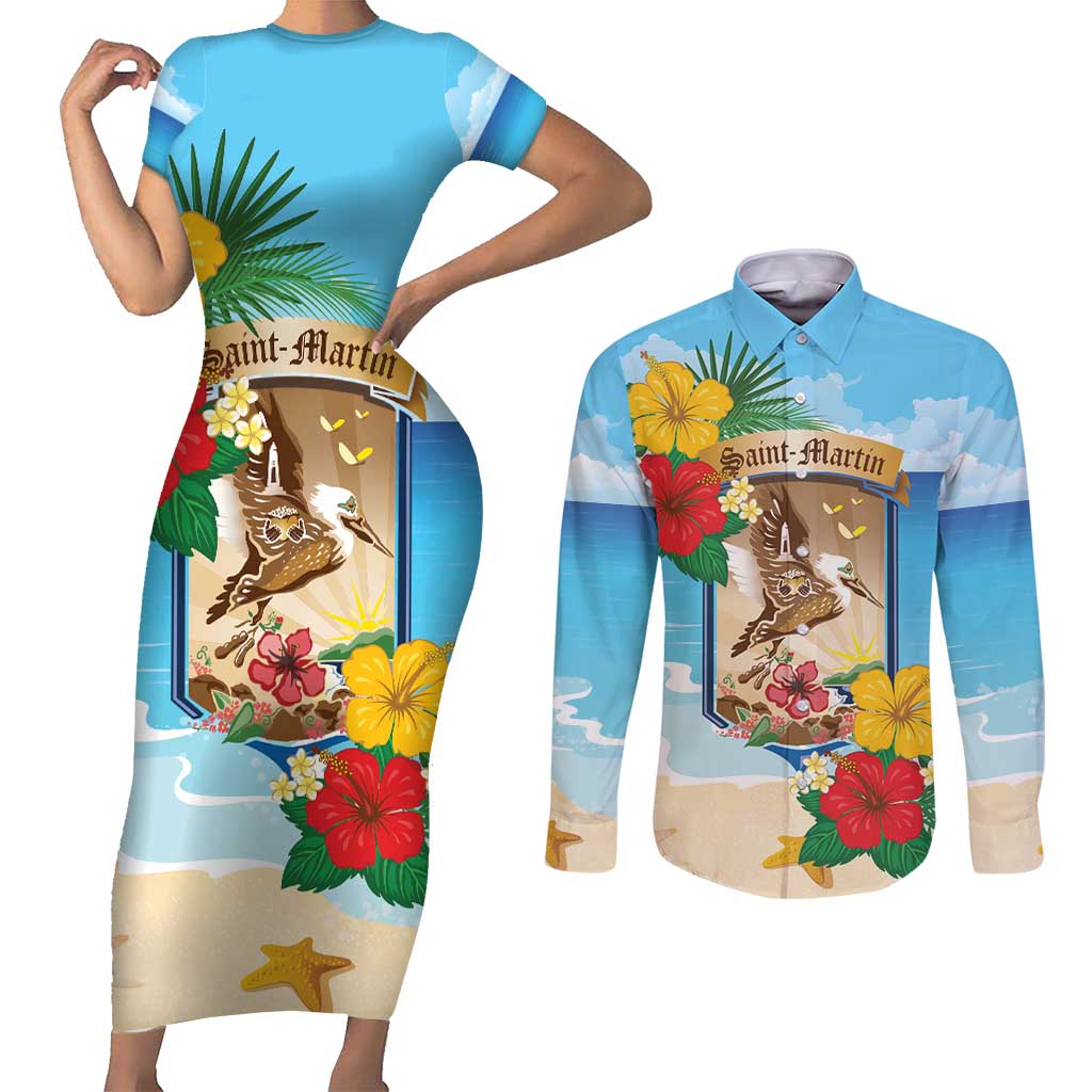 Personalized Collectivity of Saint Martin Couples Matching Short Sleeve Bodycon Dress and Long Sleeve Button Shirt Hibiscus Flowers Tropical Beach - Wonder Print Shop