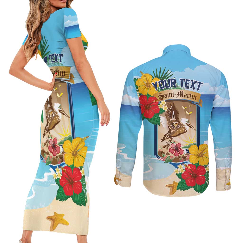 Personalized Collectivity of Saint Martin Couples Matching Short Sleeve Bodycon Dress and Long Sleeve Button Shirt Hibiscus Flowers Tropical Beach - Wonder Print Shop