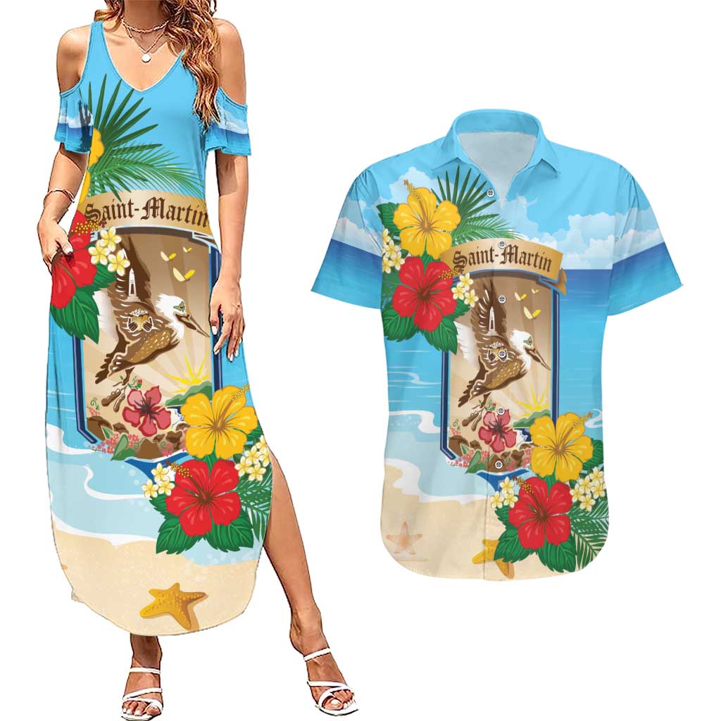 Personalized Collectivity of Saint Martin Couples Matching Summer Maxi Dress and Hawaiian Shirt Hibiscus Flowers Tropical Beach - Wonder Print Shop