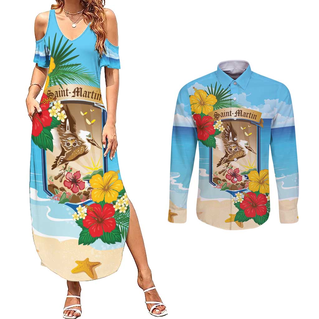 Personalized Collectivity of Saint Martin Couples Matching Summer Maxi Dress and Long Sleeve Button Shirt Hibiscus Flowers Tropical Beach - Wonder Print Shop
