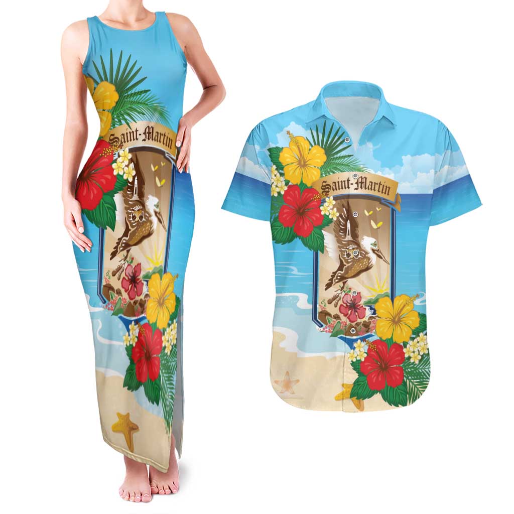 Personalized Collectivity of Saint Martin Couples Matching Tank Maxi Dress and Hawaiian Shirt Hibiscus Flowers Tropical Beach - Wonder Print Shop