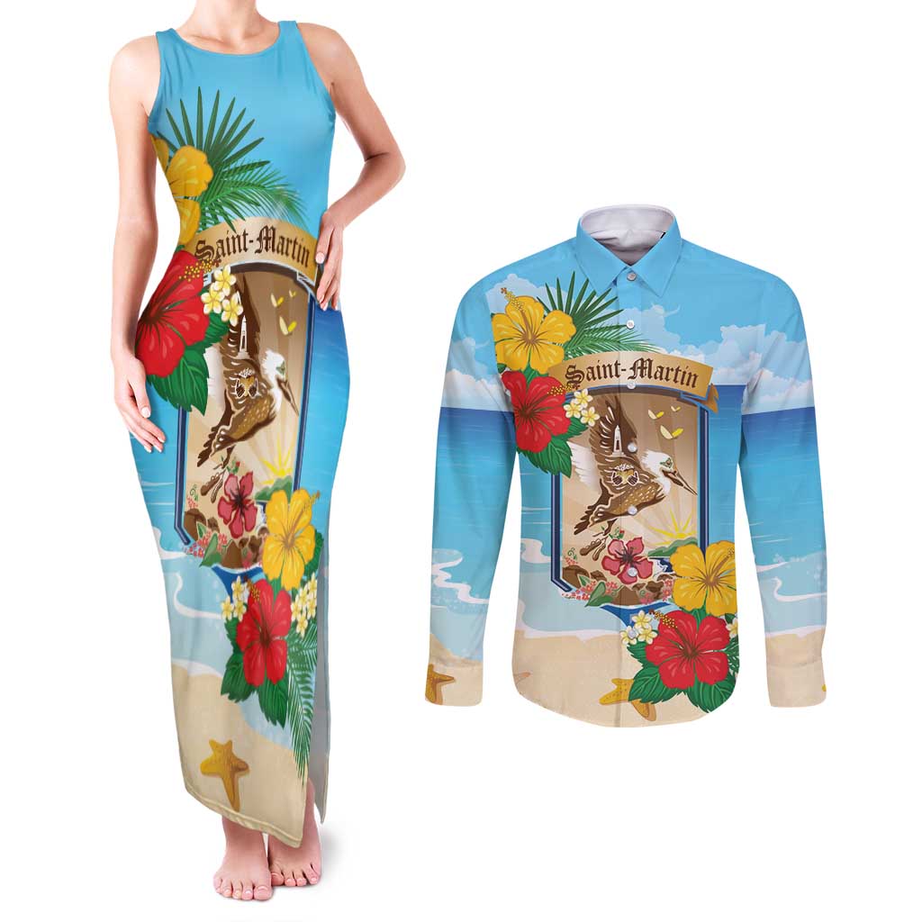 Personalized Collectivity of Saint Martin Couples Matching Tank Maxi Dress and Long Sleeve Button Shirt Hibiscus Flowers Tropical Beach - Wonder Print Shop