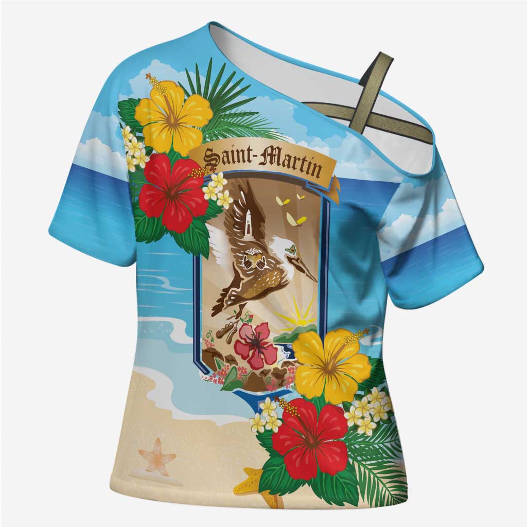 Personalized Collectivity of Saint Martin Cross Shoulder Shirt Hibiscus Flowers Tropical Beach - Wonder Print Shop