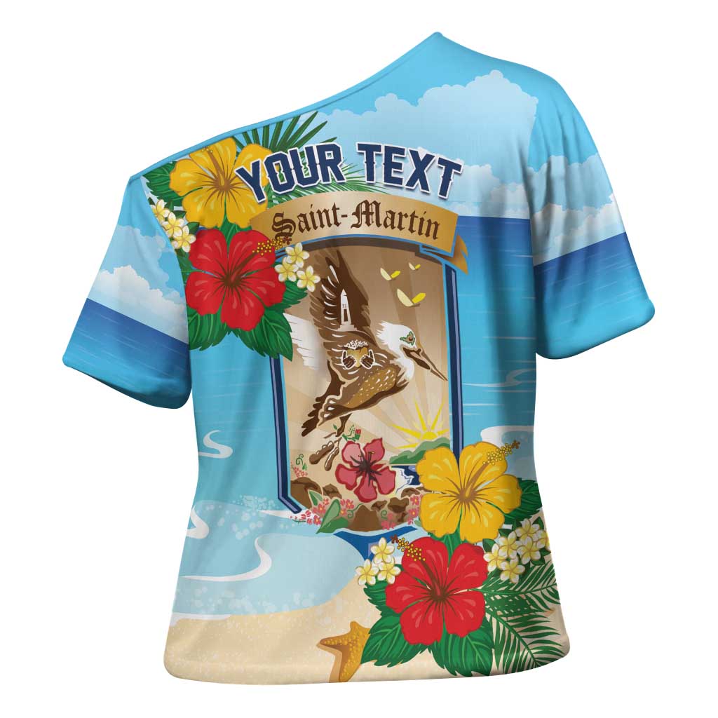 Personalized Collectivity of Saint Martin Cross Shoulder Shirt Hibiscus Flowers Tropical Beach - Wonder Print Shop
