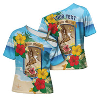 Personalized Collectivity of Saint Martin Cross Shoulder Shirt Hibiscus Flowers Tropical Beach - Wonder Print Shop