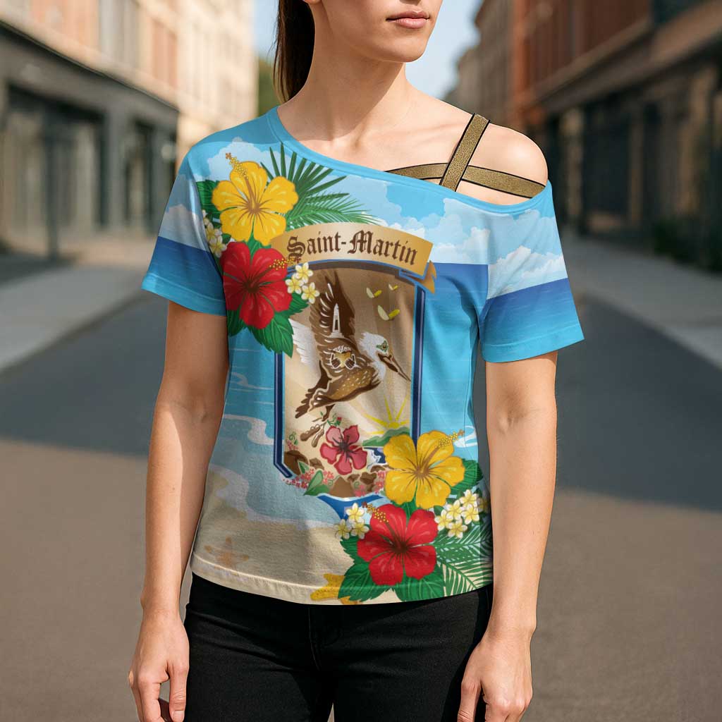 Personalized Collectivity of Saint Martin Cross Shoulder Shirt Hibiscus Flowers Tropical Beach - Wonder Print Shop