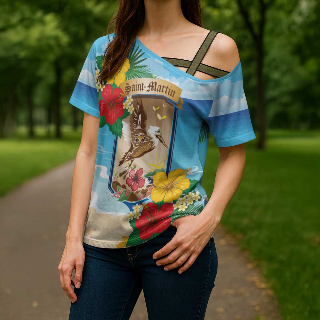 Personalized Collectivity of Saint Martin Cross Shoulder Shirt Hibiscus Flowers Tropical Beach - Wonder Print Shop