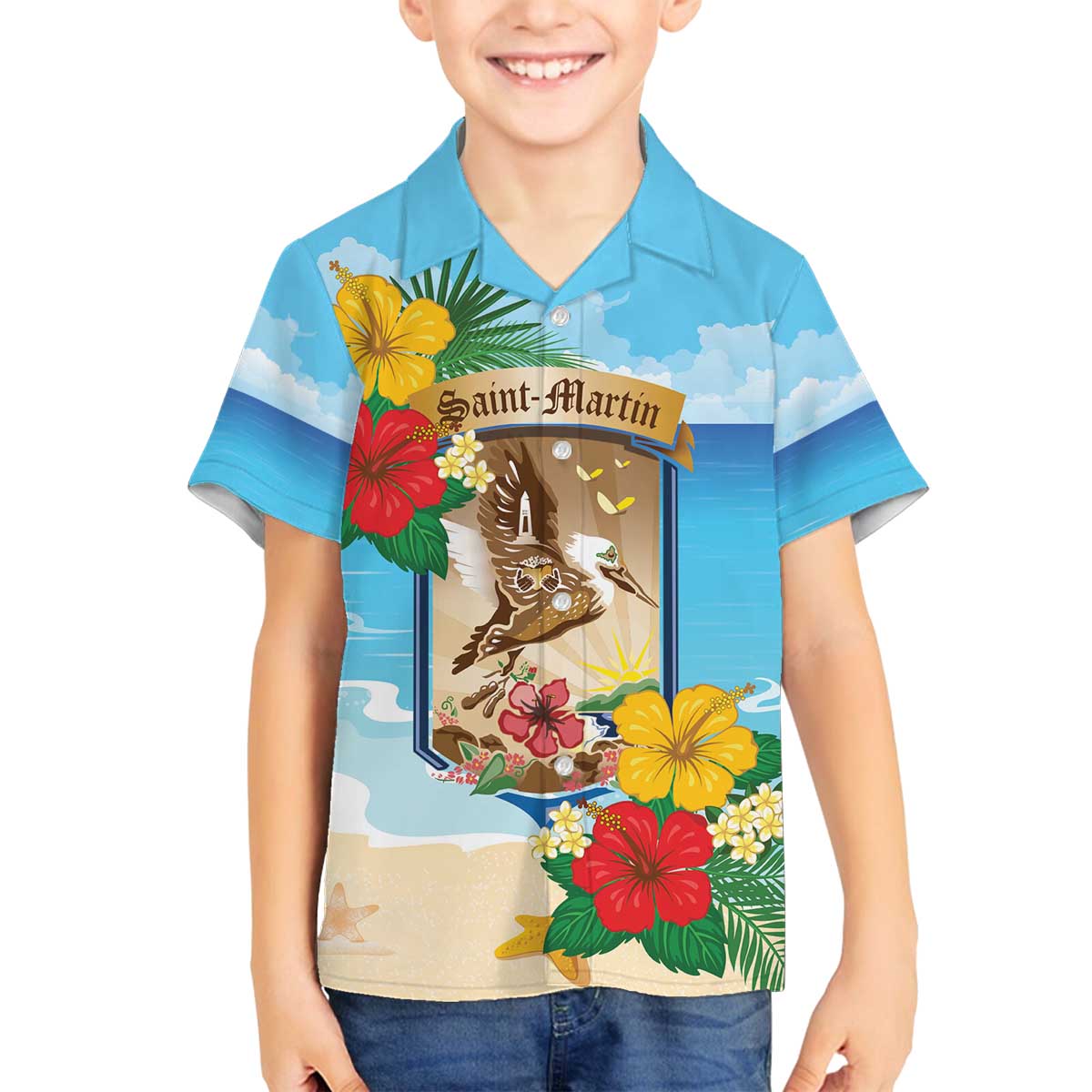 Personalized Collectivity of Saint Martin Family Matching Off The Shoulder Long Sleeve Dress and Hawaiian Shirt Hibiscus Flowers Tropical Beach - Wonder Print Shop
