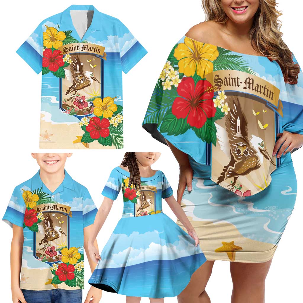Personalized Collectivity of Saint Martin Family Matching Off Shoulder Short Dress and Hawaiian Shirt Hibiscus Flowers Tropical Beach - Wonder Print Shop