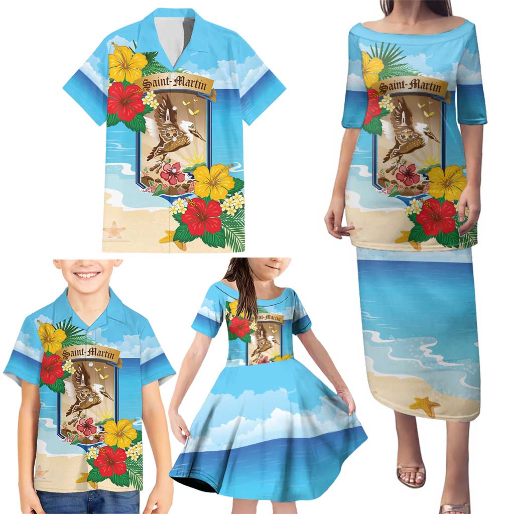 Personalized Collectivity of Saint Martin Family Matching Puletasi and Hawaiian Shirt Hibiscus Flowers Tropical Beach - Wonder Print Shop