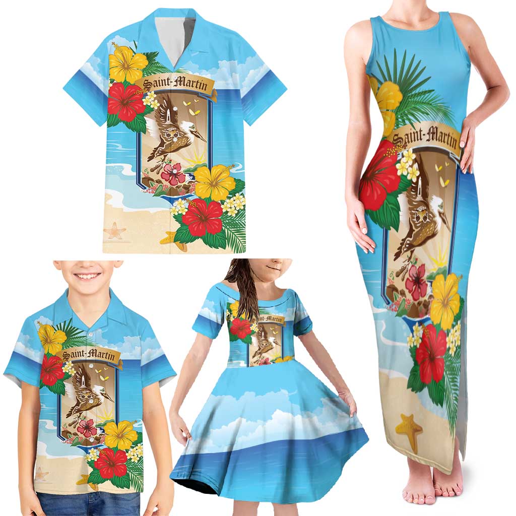 Personalized Collectivity of Saint Martin Family Matching Tank Maxi Dress and Hawaiian Shirt Hibiscus Flowers Tropical Beach - Wonder Print Shop