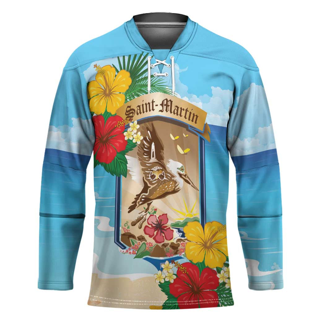 Personalized Collectivity of Saint Martin Hockey Jersey Hibiscus Flowers Tropical Beach - Wonder Print Shop