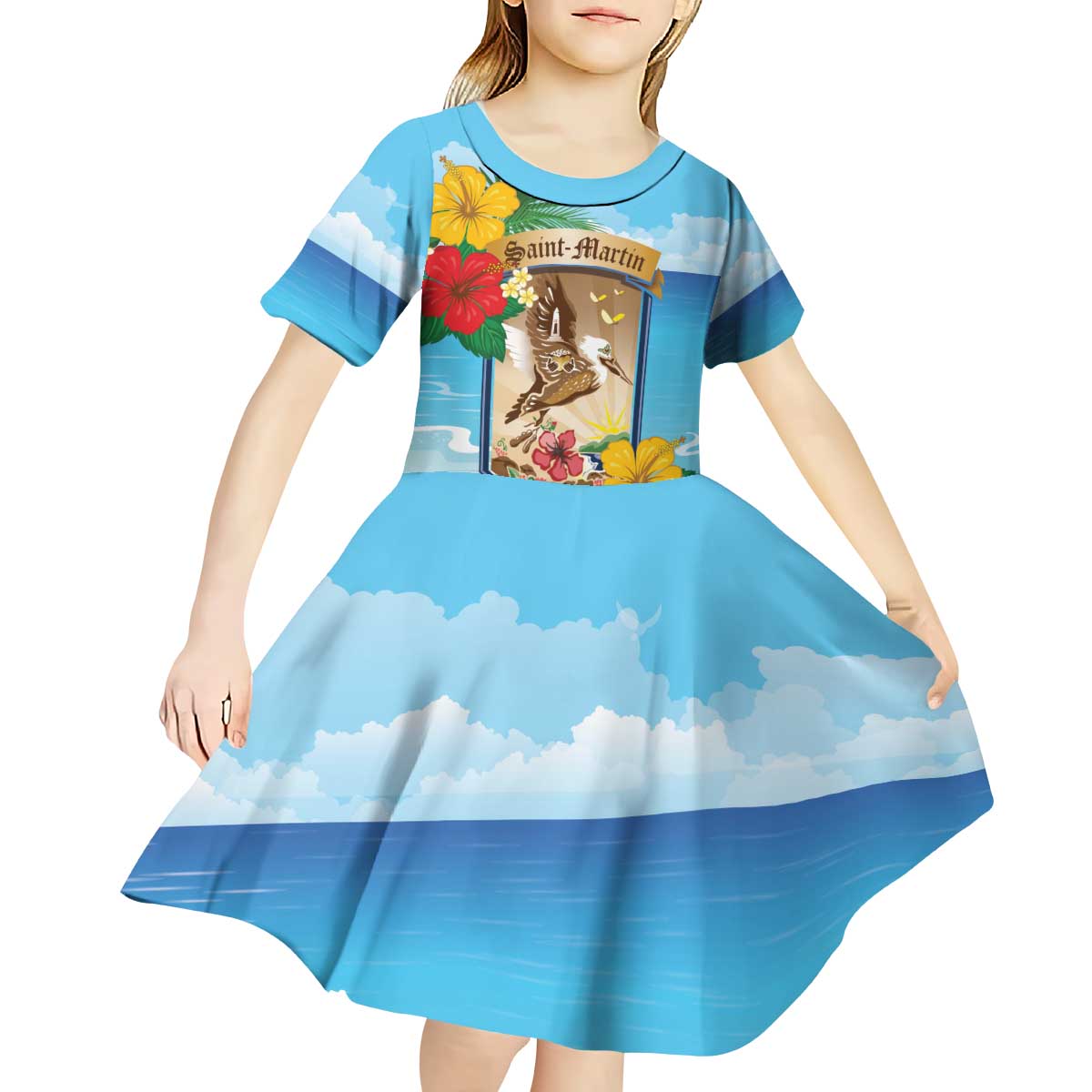 Personalized Collectivity of Saint Martin Kid Short Sleeve Dress Hibiscus Flowers Tropical Beach - Wonder Print Shop