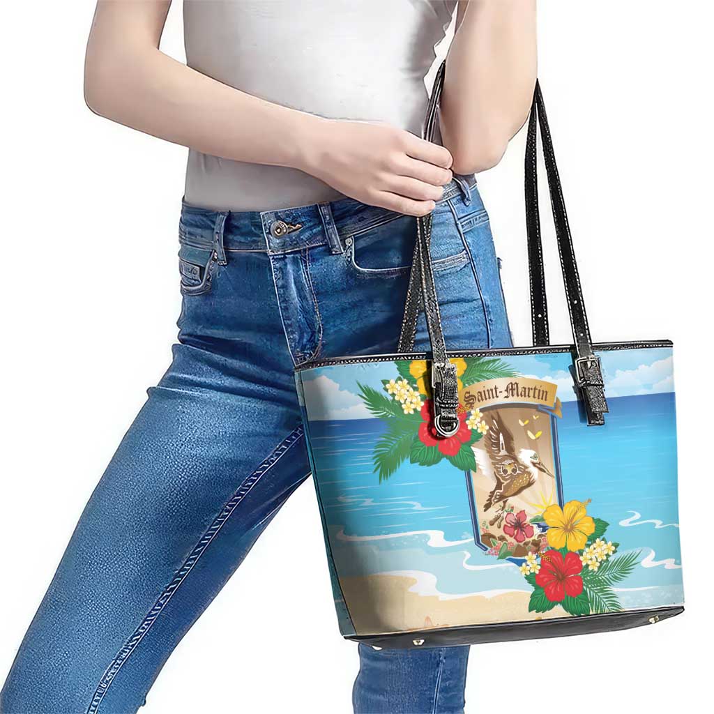 Collectivity of Saint Martin Leather Tote Bag Hibiscus Flowers Tropical Beach - Wonder Print Shop