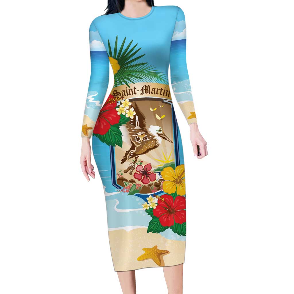 Personalized Collectivity of Saint Martin Long Sleeve Bodycon Dress Hibiscus Flowers Tropical Beach - Wonder Print Shop