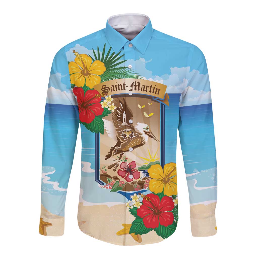 Personalized Collectivity of Saint Martin Long Sleeve Button Shirt Hibiscus Flowers Tropical Beach - Wonder Print Shop