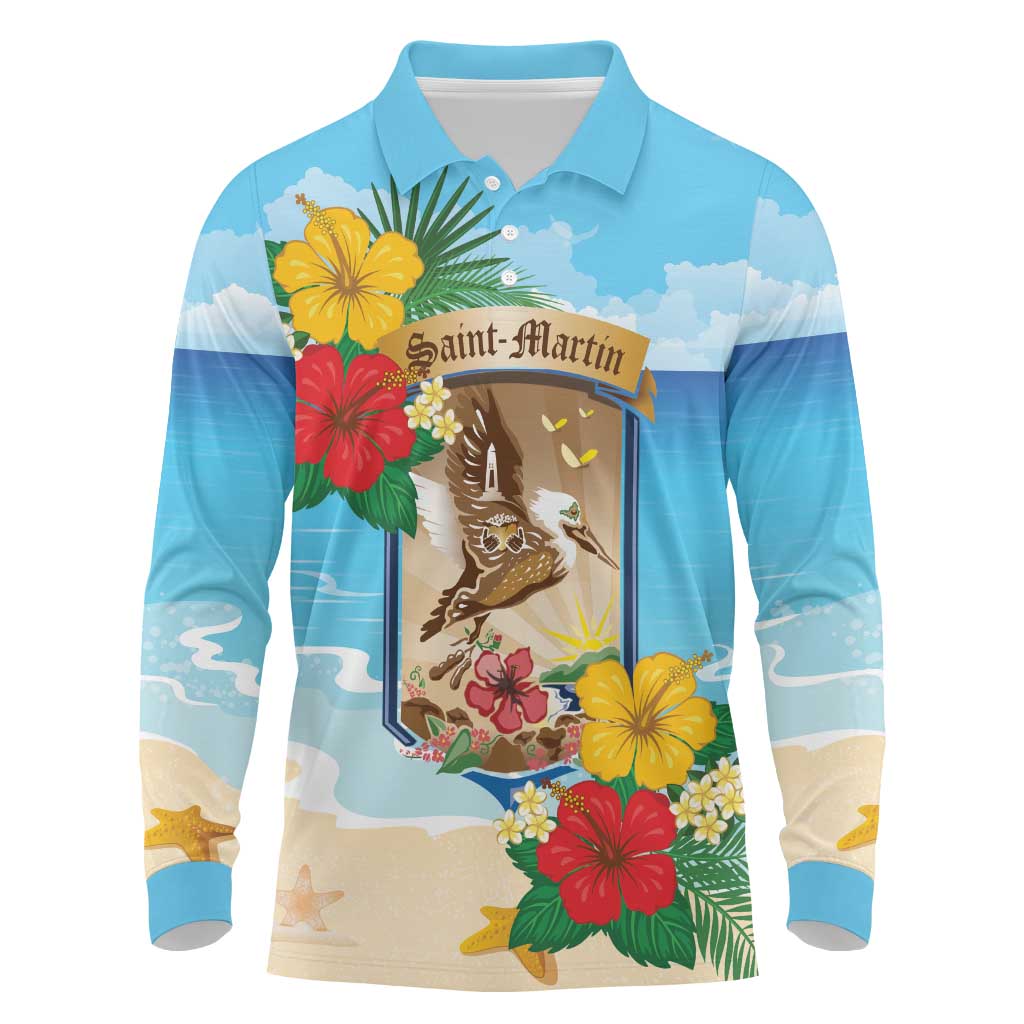 Personalized Collectivity of Saint Martin Long Sleeve Polo Shirt Hibiscus Flowers Tropical Beach - Wonder Print Shop