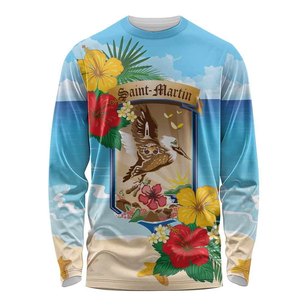 Personalized Collectivity of Saint Martin Long Sleeve Shirt Hibiscus Flowers Tropical Beach - Wonder Print Shop