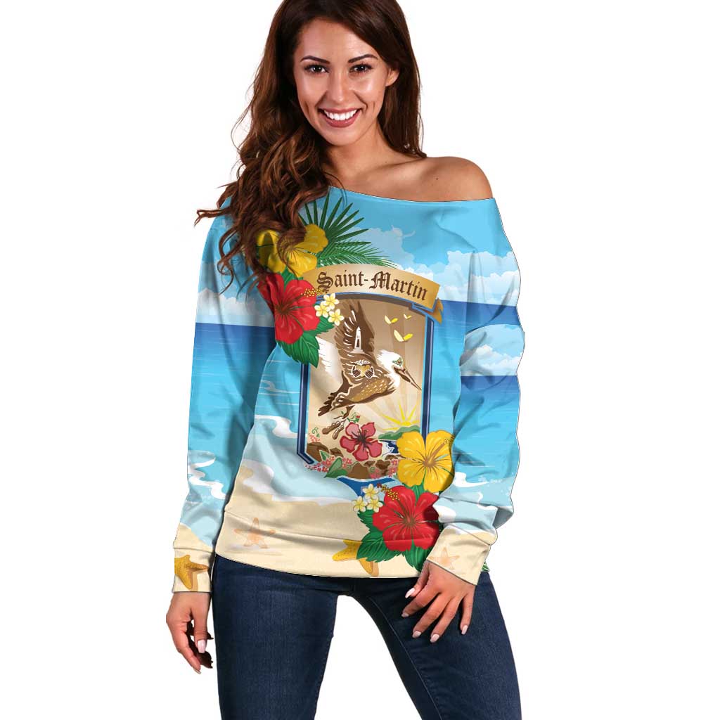 Personalized Collectivity of Saint Martin Off Shoulder Sweater Hibiscus Flowers Tropical Beach - Wonder Print Shop
