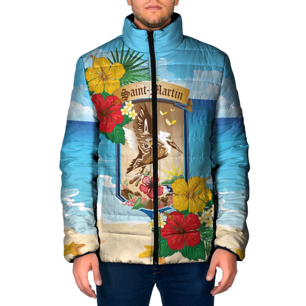Personalized Collectivity of Saint Martin Padded Jacket Hibiscus Flowers Tropical Beach - Wonder Print Shop