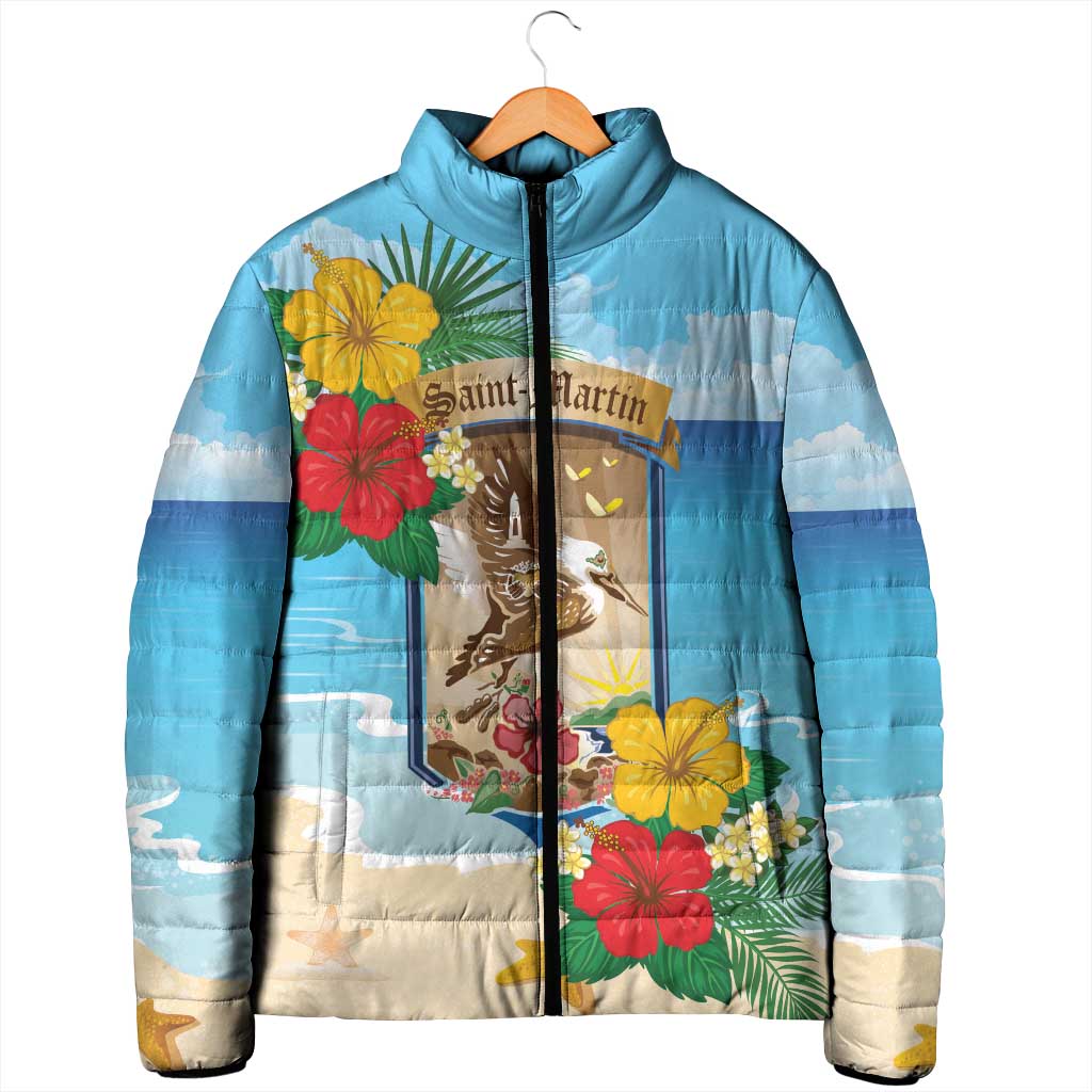 Personalized Collectivity of Saint Martin Padded Jacket Hibiscus Flowers Tropical Beach - Wonder Print Shop