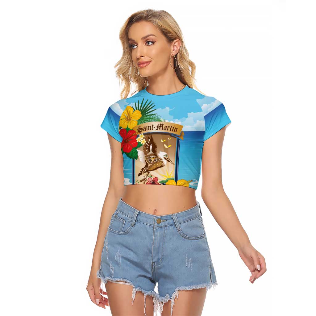 Personalized Collectivity of Saint Martin Raglan Cropped T Shirt Hibiscus Flowers Tropical Beach - Wonder Print Shop