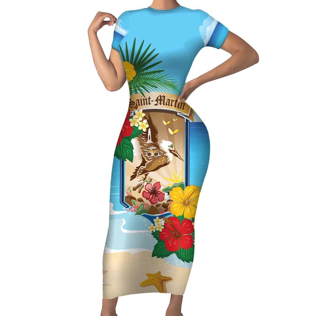 Personalized Collectivity of Saint Martin Short Sleeve Bodycon Dress Hibiscus Flowers Tropical Beach - Wonder Print Shop