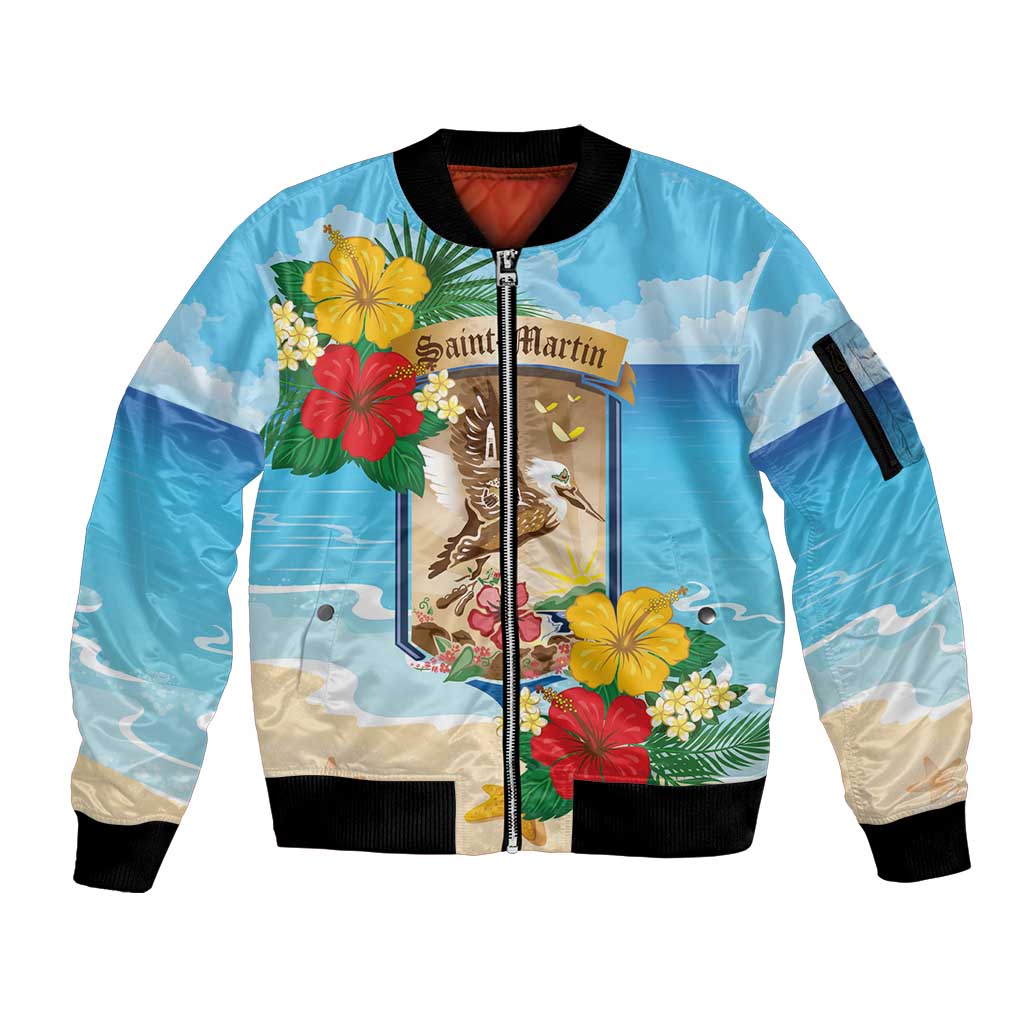 Personalized Collectivity of Saint Martin Sleeve Zip Bomber Jacket Hibiscus Flowers Tropical Beach - Wonder Print Shop