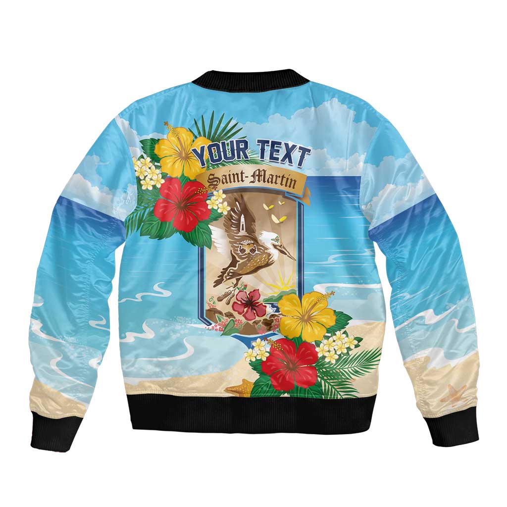 Personalized Collectivity of Saint Martin Sleeve Zip Bomber Jacket Hibiscus Flowers Tropical Beach - Wonder Print Shop