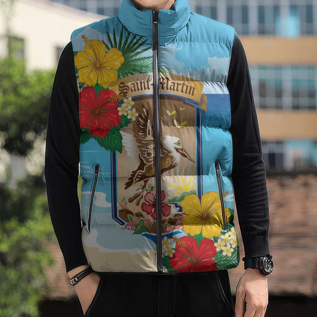 Personalized Collectivity of Saint Martin Sleeveless Puffer Jacket Hibiscus Flowers Tropical Beach - Wonder Print Shop