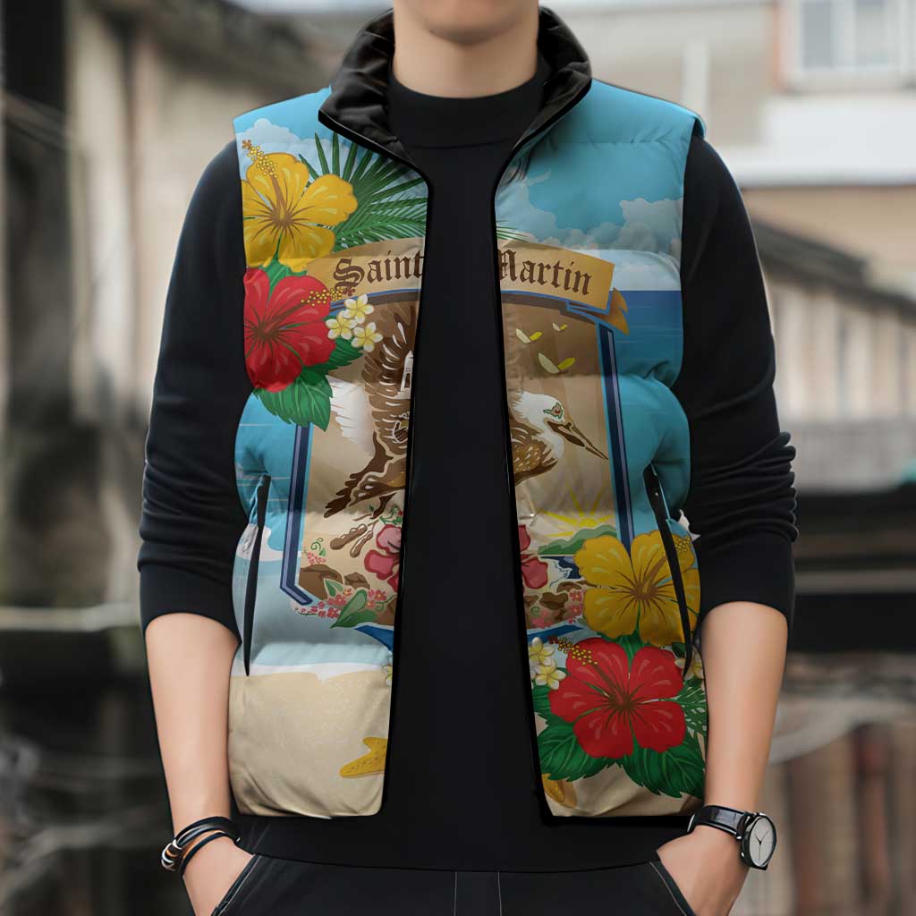 Personalized Collectivity of Saint Martin Sleeveless Puffer Jacket Hibiscus Flowers Tropical Beach - Wonder Print Shop