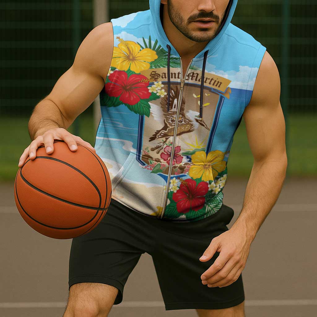 Personalized Collectivity of Saint Martin Sleeveless Zip Hoodie Hibiscus Flowers Tropical Beach - Wonder Print Shop