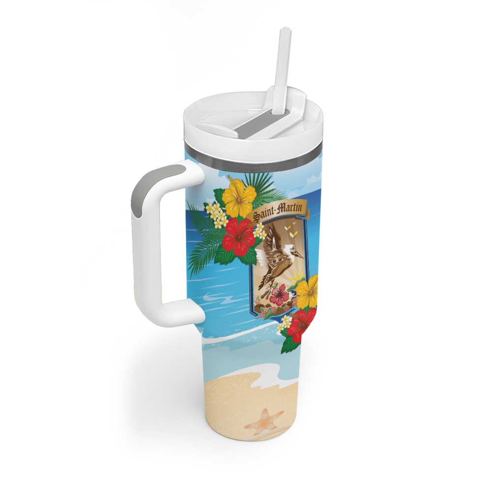 Personalized Collectivity of Saint Martin Tumbler With Handle Hibiscus Flowers Tropical Beach - Wonder Print Shop
