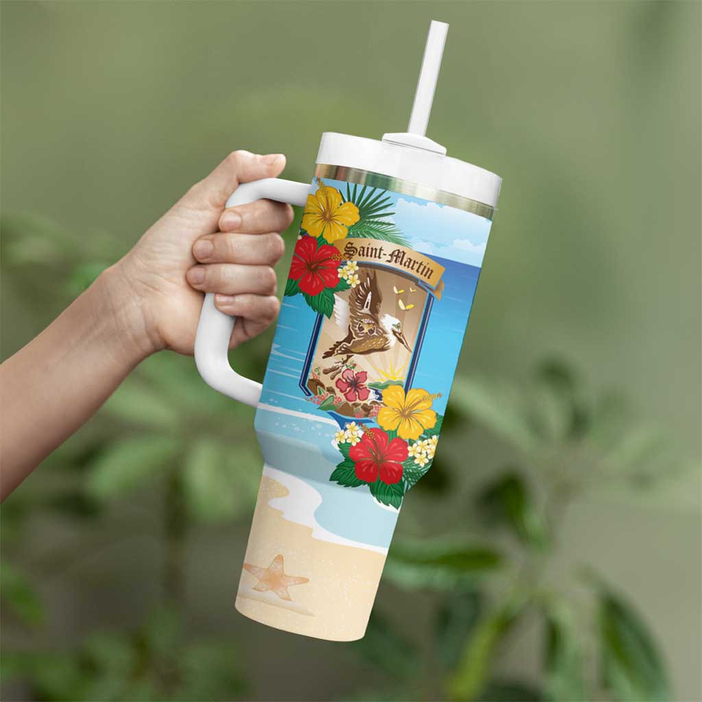 Personalized Collectivity of Saint Martin Tumbler With Handle Hibiscus Flowers Tropical Beach - Wonder Print Shop
