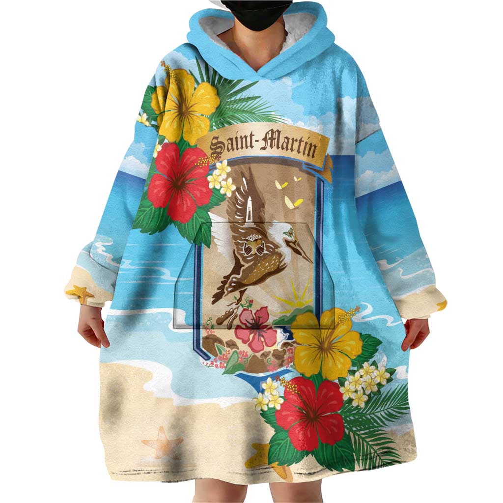 Personalized Collectivity of Saint Martin Wearable Blanket Hoodie Hibiscus Flowers Tropical Beach - Wonder Print Shop