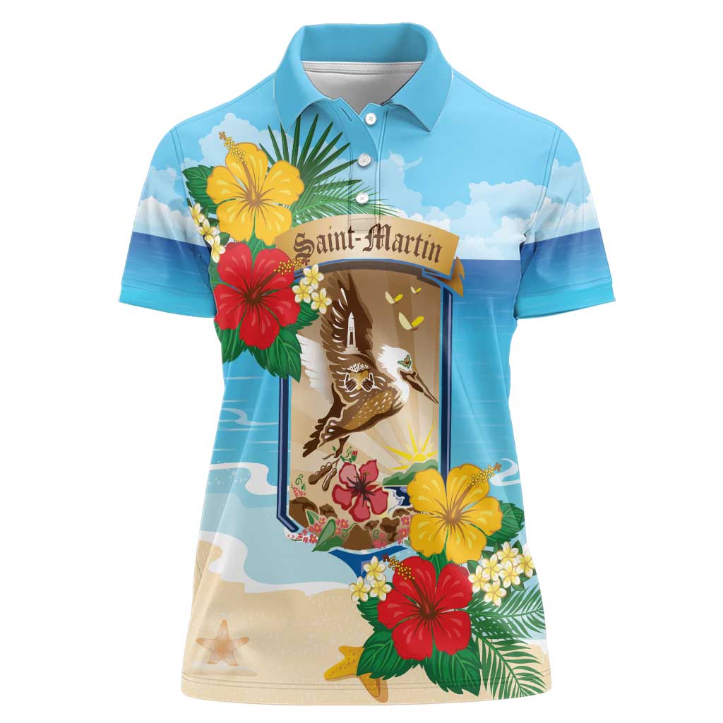 Personalized Collectivity of Saint Martin Women Polo Shirt Hibiscus Flowers Tropical Beach - Wonder Print Shop