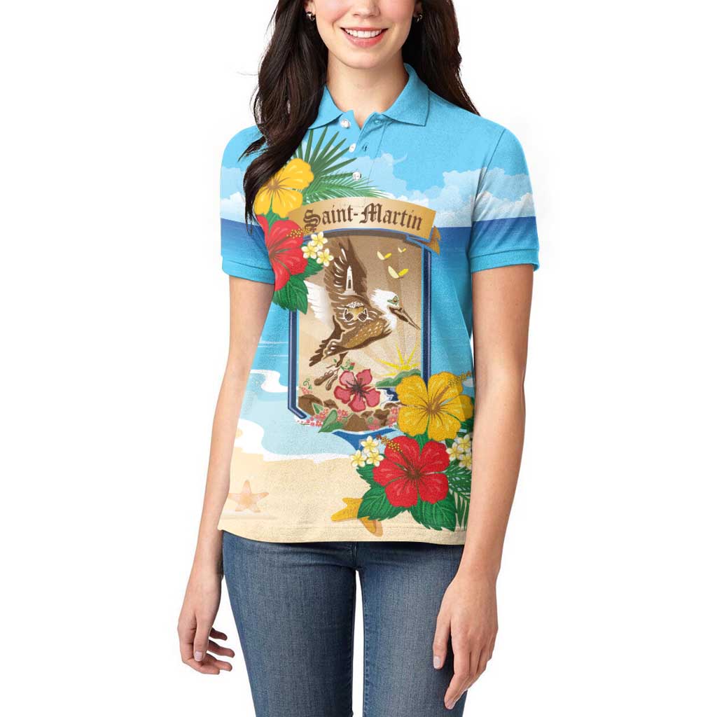 Personalized Collectivity of Saint Martin Women Polo Shirt Hibiscus Flowers Tropical Beach - Wonder Print Shop