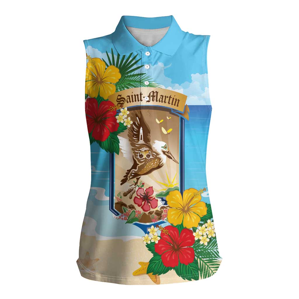 Personalized Collectivity of Saint Martin Women Sleeveless Polo Shirt Hibiscus Flowers Tropical Beach - Wonder Print Shop