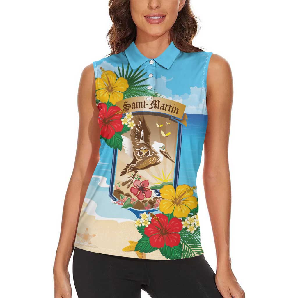 Personalized Collectivity of Saint Martin Women Sleeveless Polo Shirt Hibiscus Flowers Tropical Beach - Wonder Print Shop