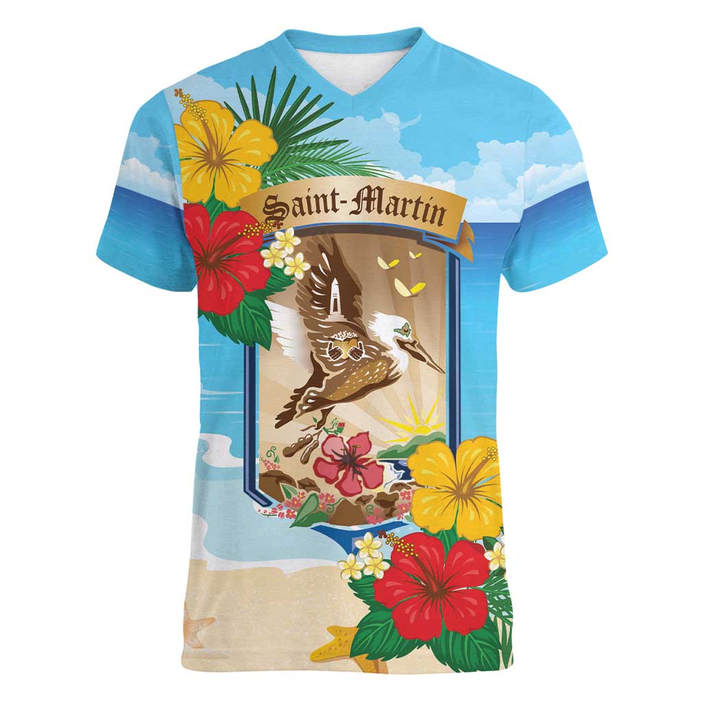 Personalized Collectivity of Saint Martin Women V-Neck T-Shirt Hibiscus Flowers Tropical Beach - Wonder Print Shop