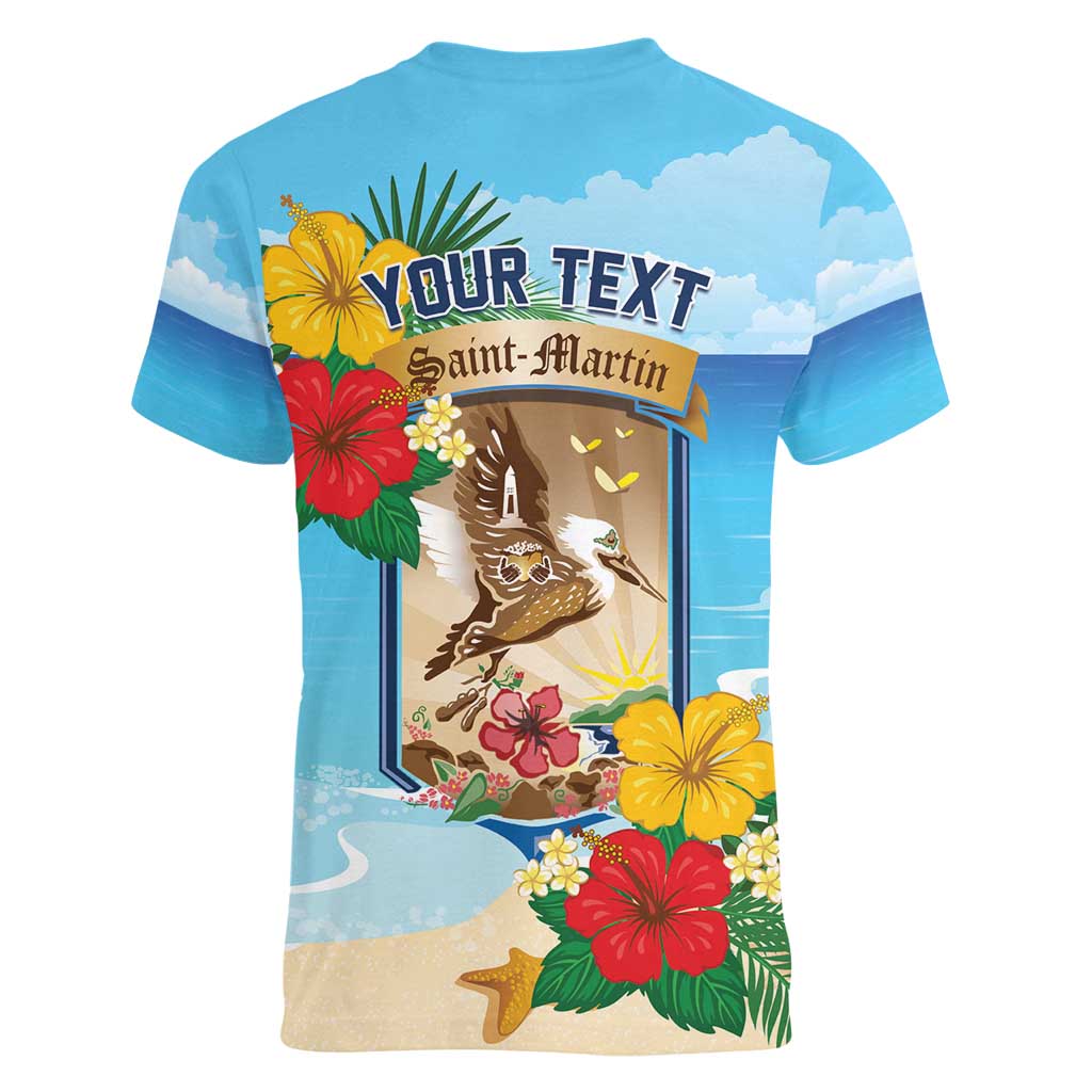 Personalized Collectivity of Saint Martin Women V-Neck T-Shirt Hibiscus Flowers Tropical Beach - Wonder Print Shop