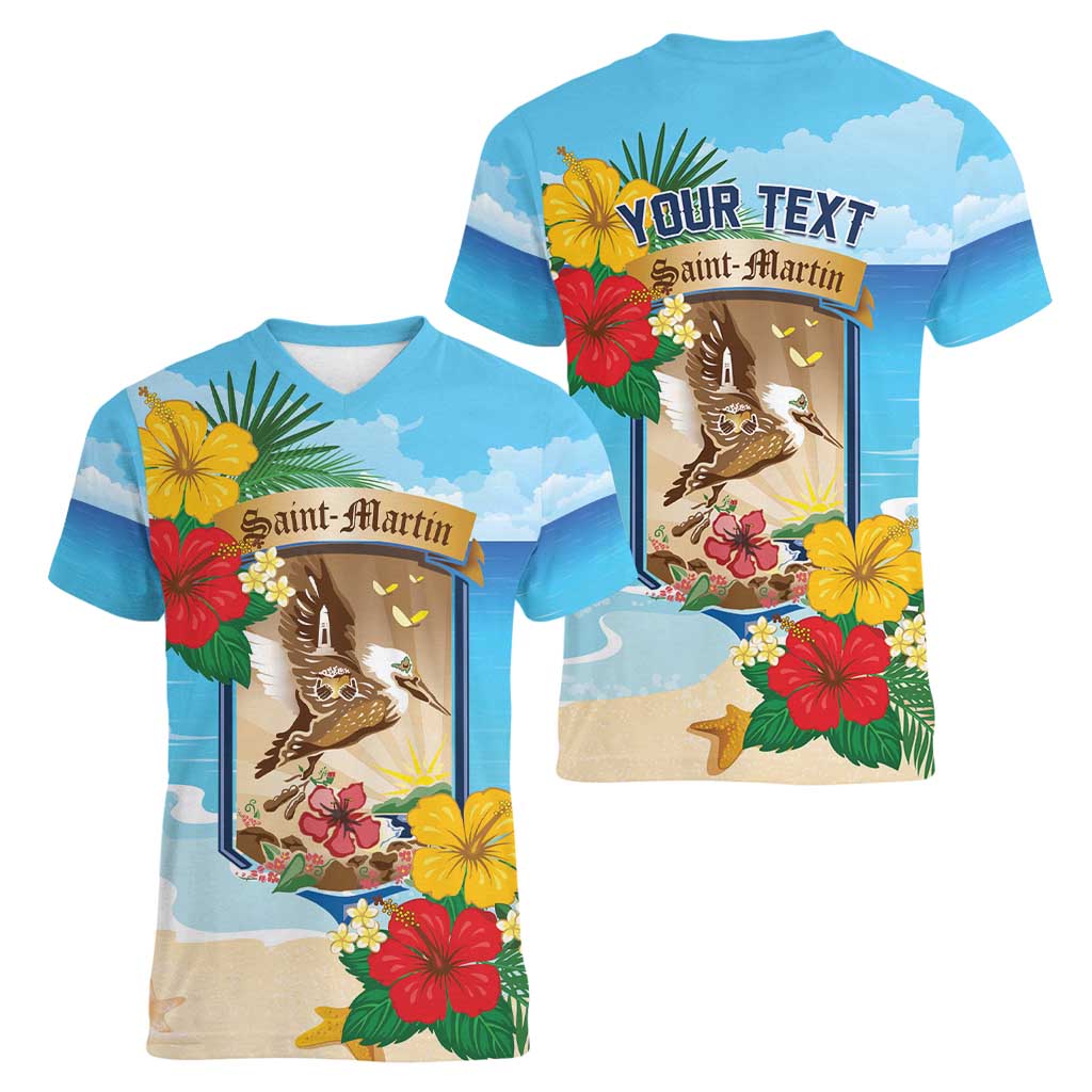 Personalized Collectivity of Saint Martin Women V-Neck T-Shirt Hibiscus Flowers Tropical Beach - Wonder Print Shop