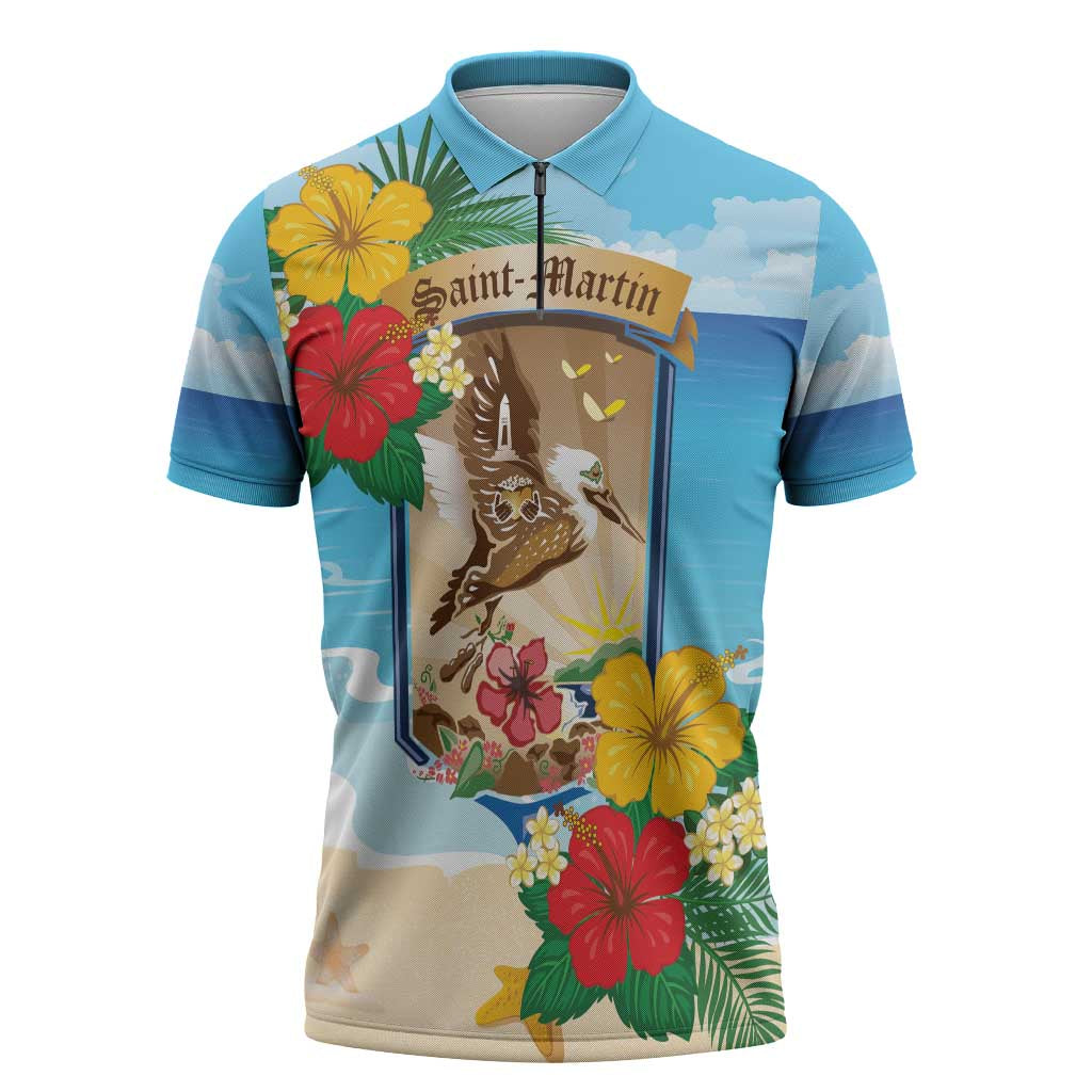 Personalized Collectivity of Saint Martin Zipper Polo Shirt Hibiscus Flowers Tropical Beach - Wonder Print Shop
