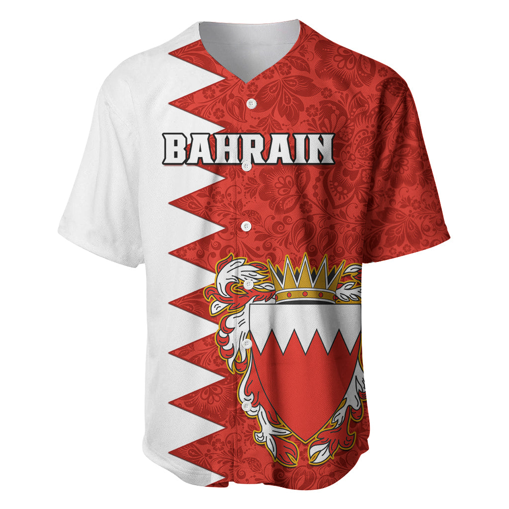 Bahrain Independence Day Baseball Jersey Bahrayn Coat Of Arms Floral Pattern - Wonder Print Shop