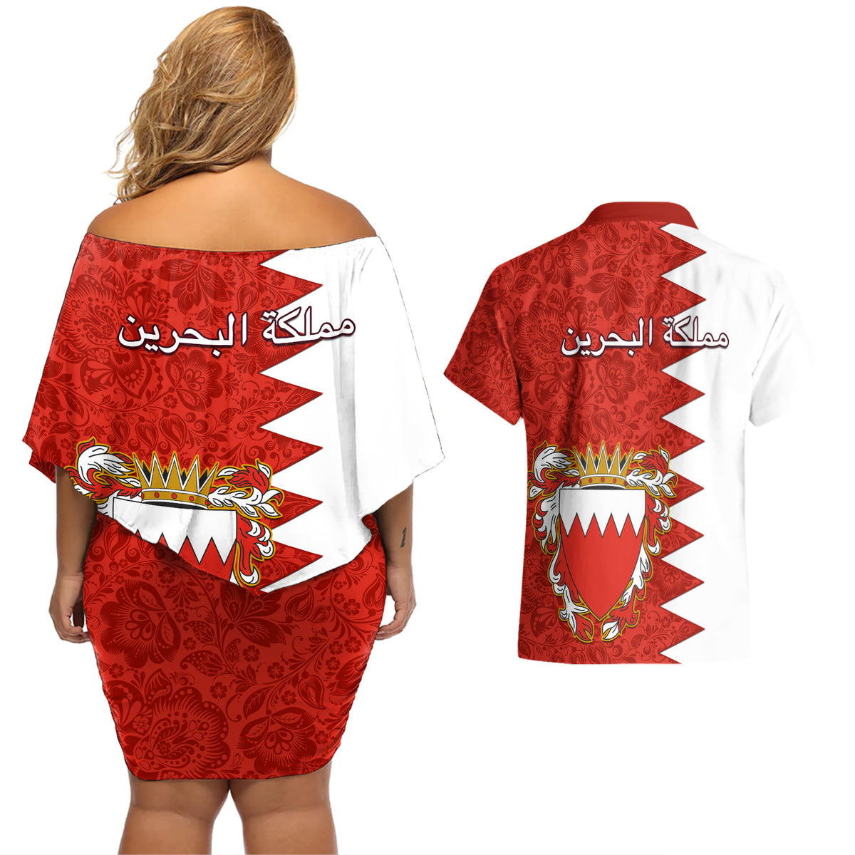 Bahrain Independence Day Couples Matching Off Shoulder Short Dress and Hawaiian Shirt Bahrayn Coat Of Arms Floral Pattern - Wonder Print Shop