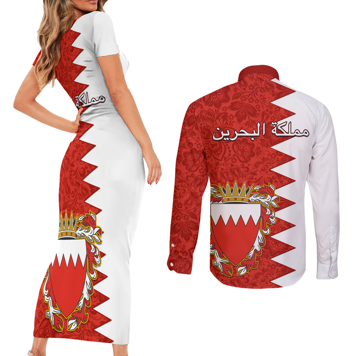 Bahrain Independence Day Couples Matching Short Sleeve Bodycon Dress and Long Sleeve Button Shirt Bahrayn Coat Of Arms Floral Pattern - Wonder Print Shop